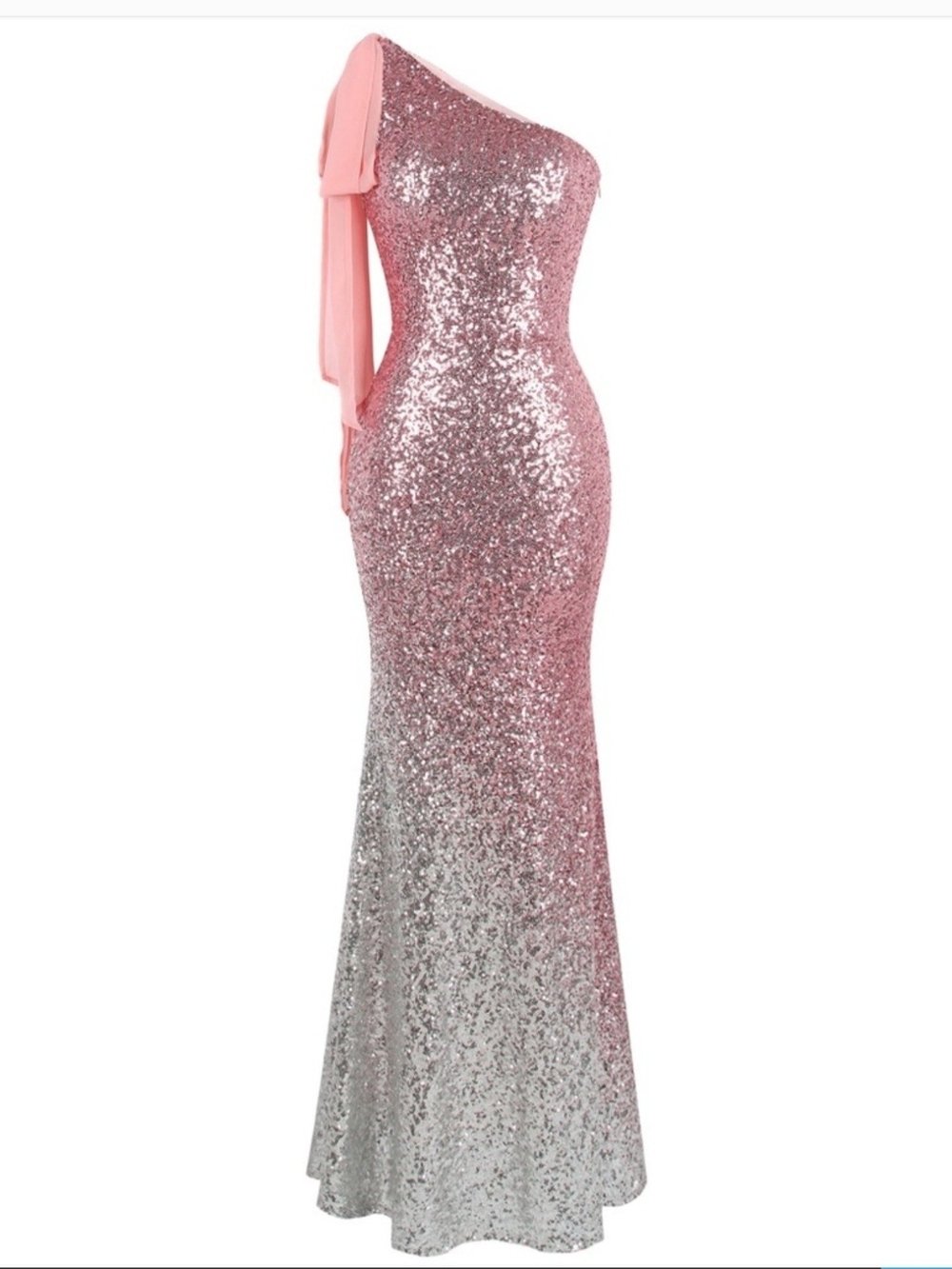 One-Shoulder Pink to Silver Sequin Ombre Mermaid Gown